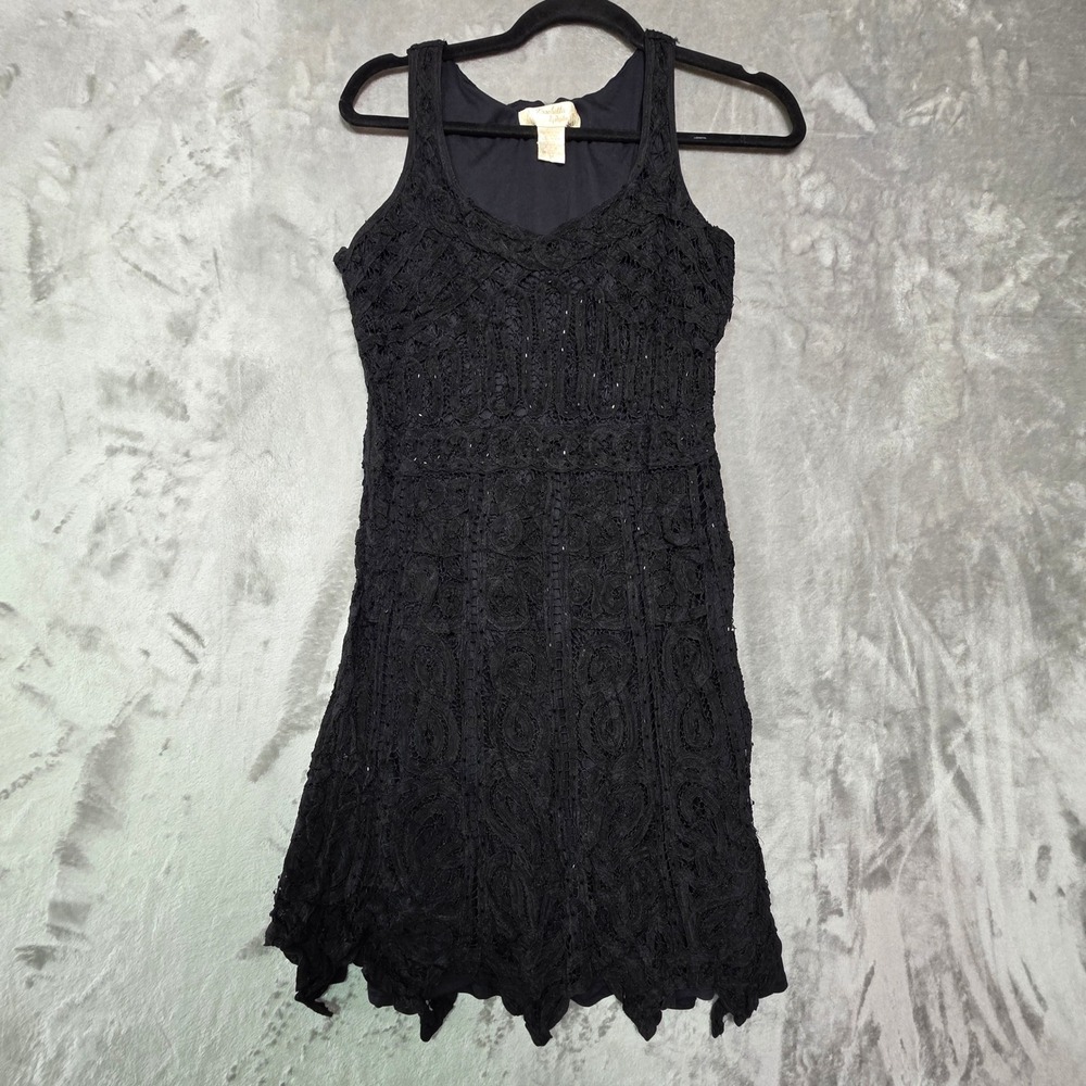 Krochetta by Papillon Black Crochet Lace Sleeveless Handkerchief Hem Dress M